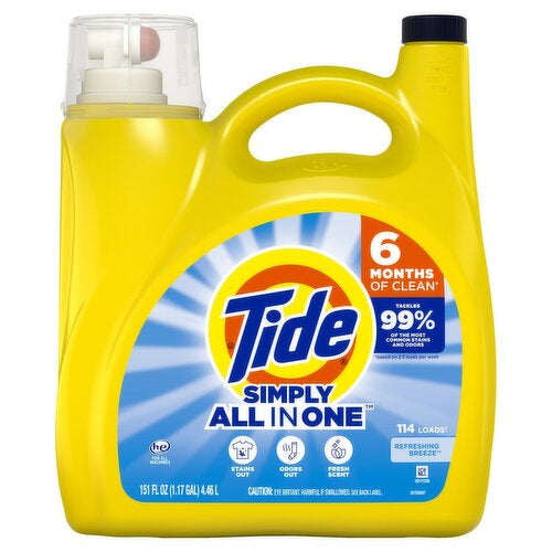 Tide Simply Clean & Fresh Liquid Laundry Detergent, Refreshing Breeze, 114 Loads, 151 fl oz.