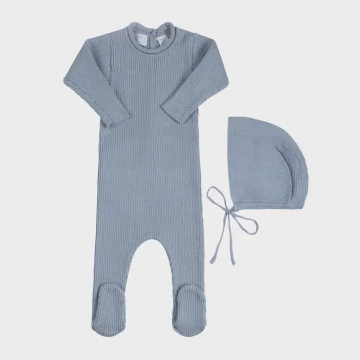 Rolled Collar Ribbed Knit Romper with Hat, Blue 0-3m