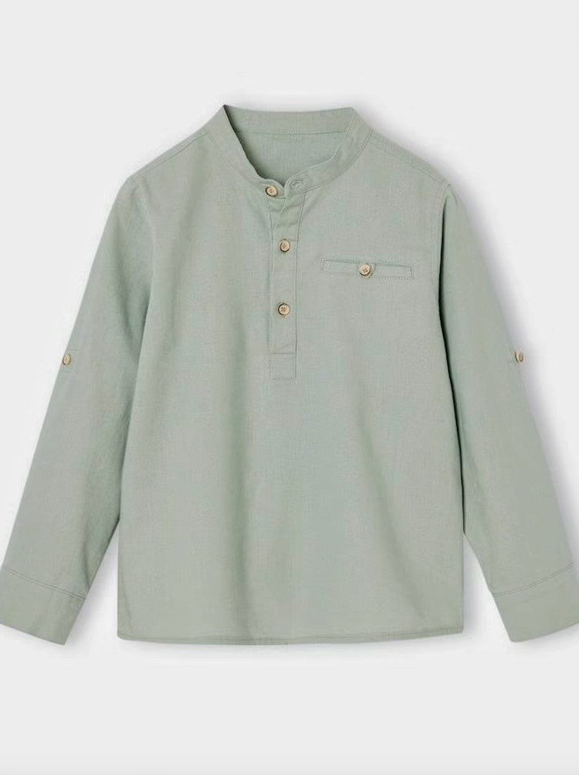 Moss Green Linen Mandarin Collar Shirt