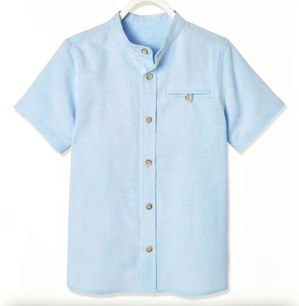 Sky Blue Mandarin Collar Short Seeve Shirt