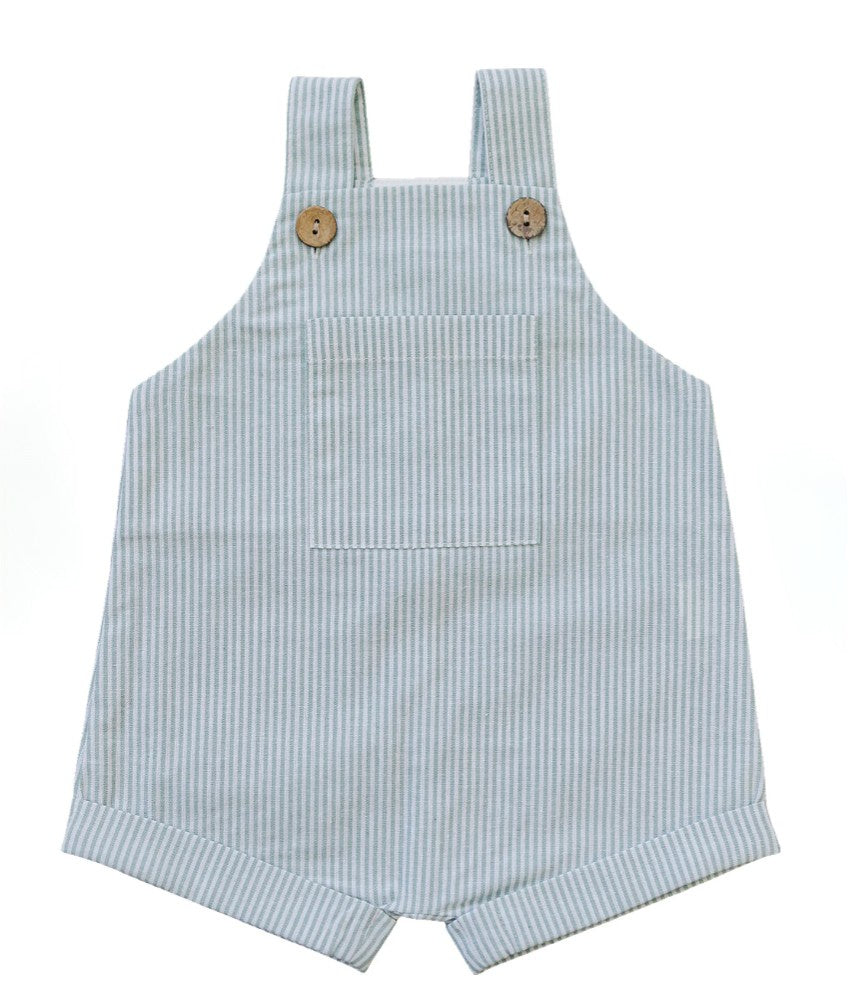 Green Stripe Linen Short Overalls