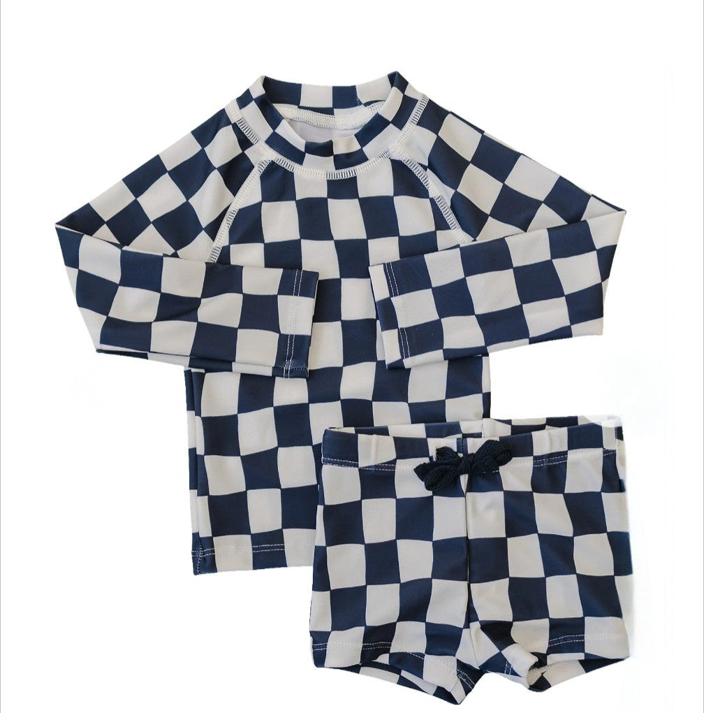 Wavy Checkered Long Sleeved Swim Set