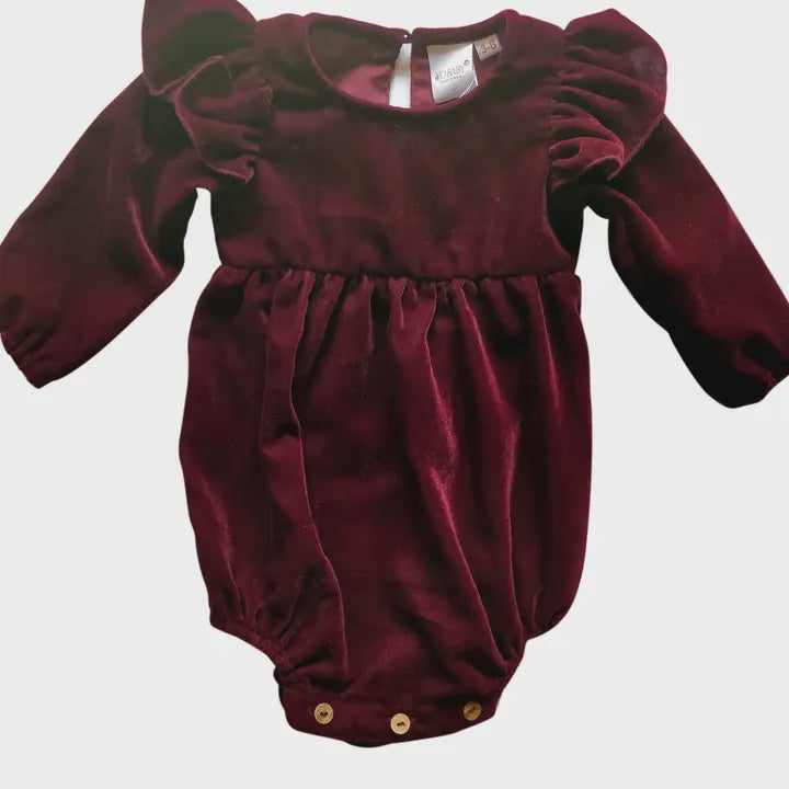 Burgundy Velvet Angel Winged Full Sleeves Romper,  0-3m