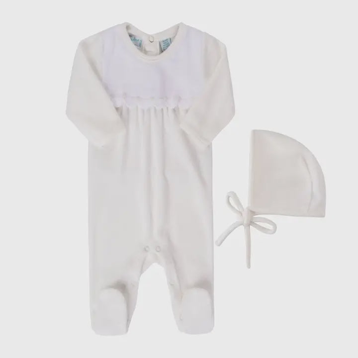 Dressy Velour Romper with Hat, Ivory  0-3m