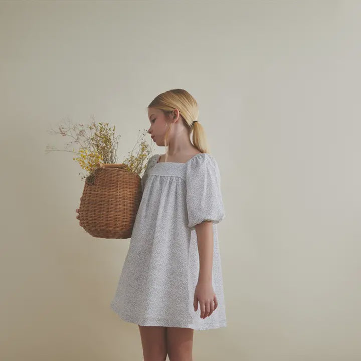 Girl's White Dress with Grey Leaf Print