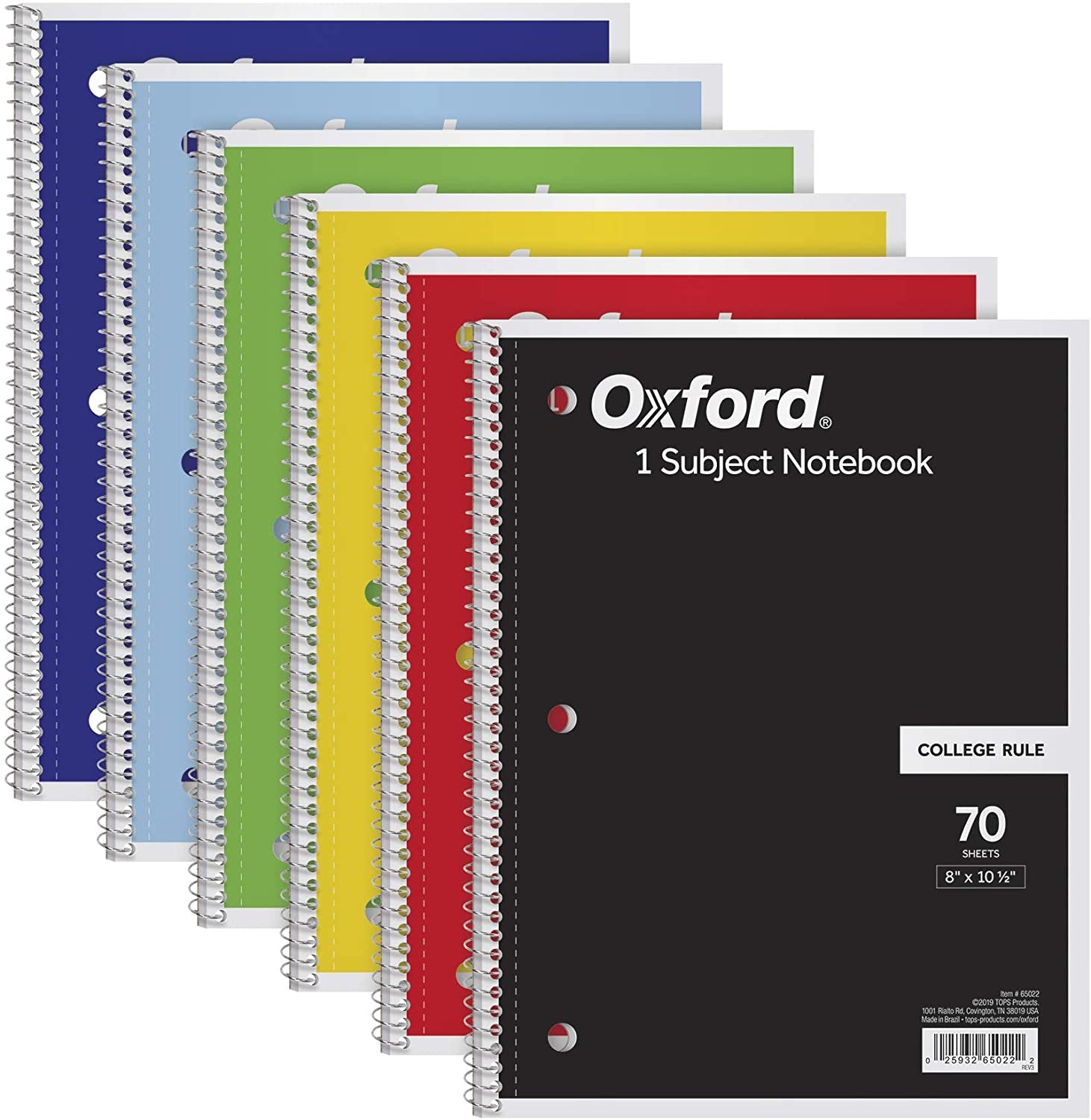 Oxford Spiral Notebook 1 Subject, College Ruled Paper, 8 x 10-1/2 Inch 6 Pack