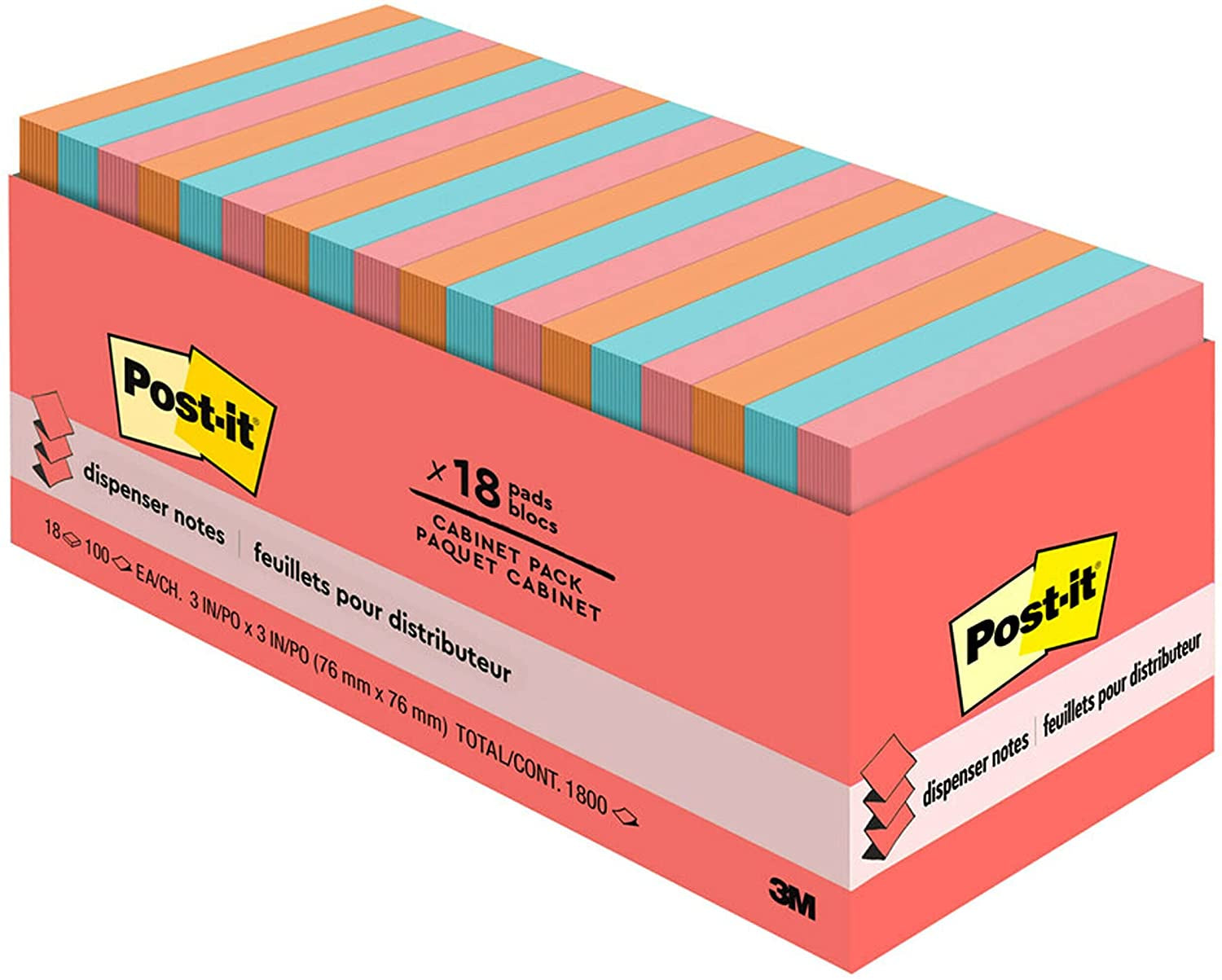 Post-it Recycled Super Sticky Notes, 2x Sticking Power, Bright Colors 3x3 in, 18 Pads