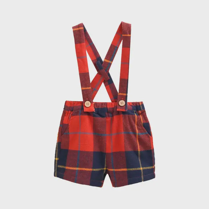 Baby Boy's Shorts with Checkered Red and Blue Tartan Straps