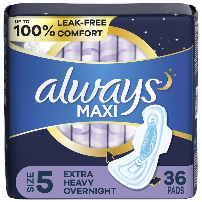 Always Maxi Feminine Pads for Women, Size 5 Extra Heavy Overnight with Wings, Unscented, 36ct