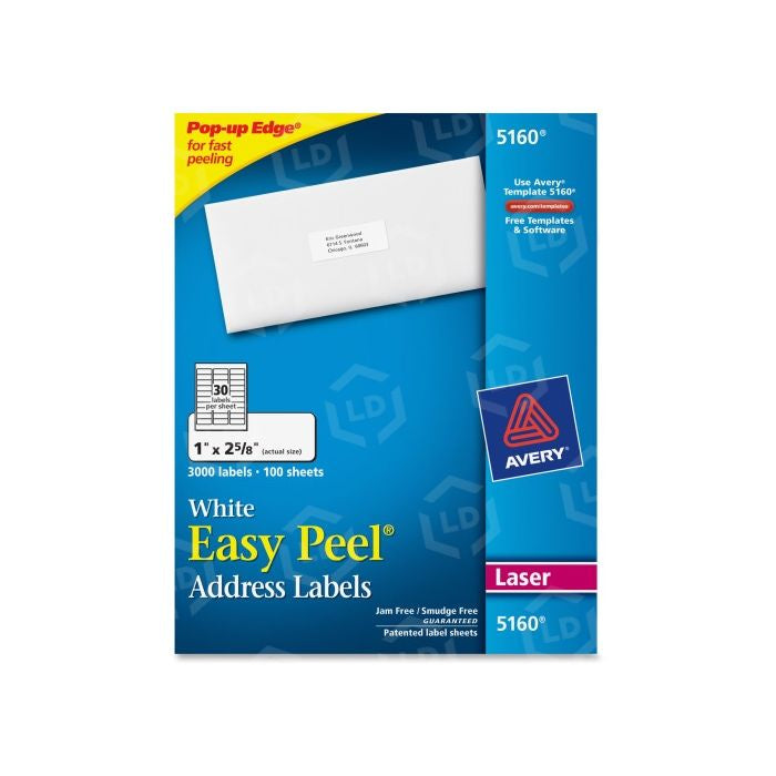 Avery Easy Peel Address Labels 5160, 1" x 2-5/8", 3000 Labels