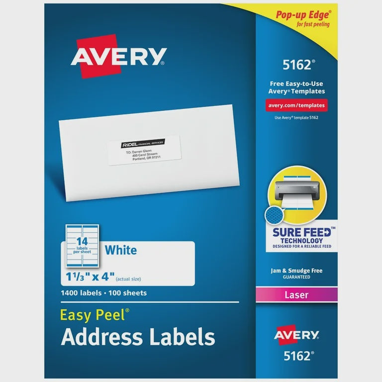 Avery Easy Peel Laser Address Labels 5162, 1 1/3" x 4", 1400 Labels