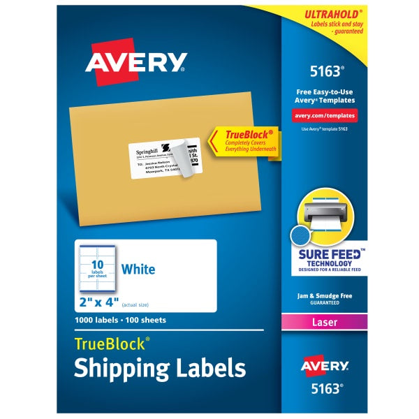 Avery Easy Peel Shipping Labels 5163/8163, 2"x4", 1,000 Labels