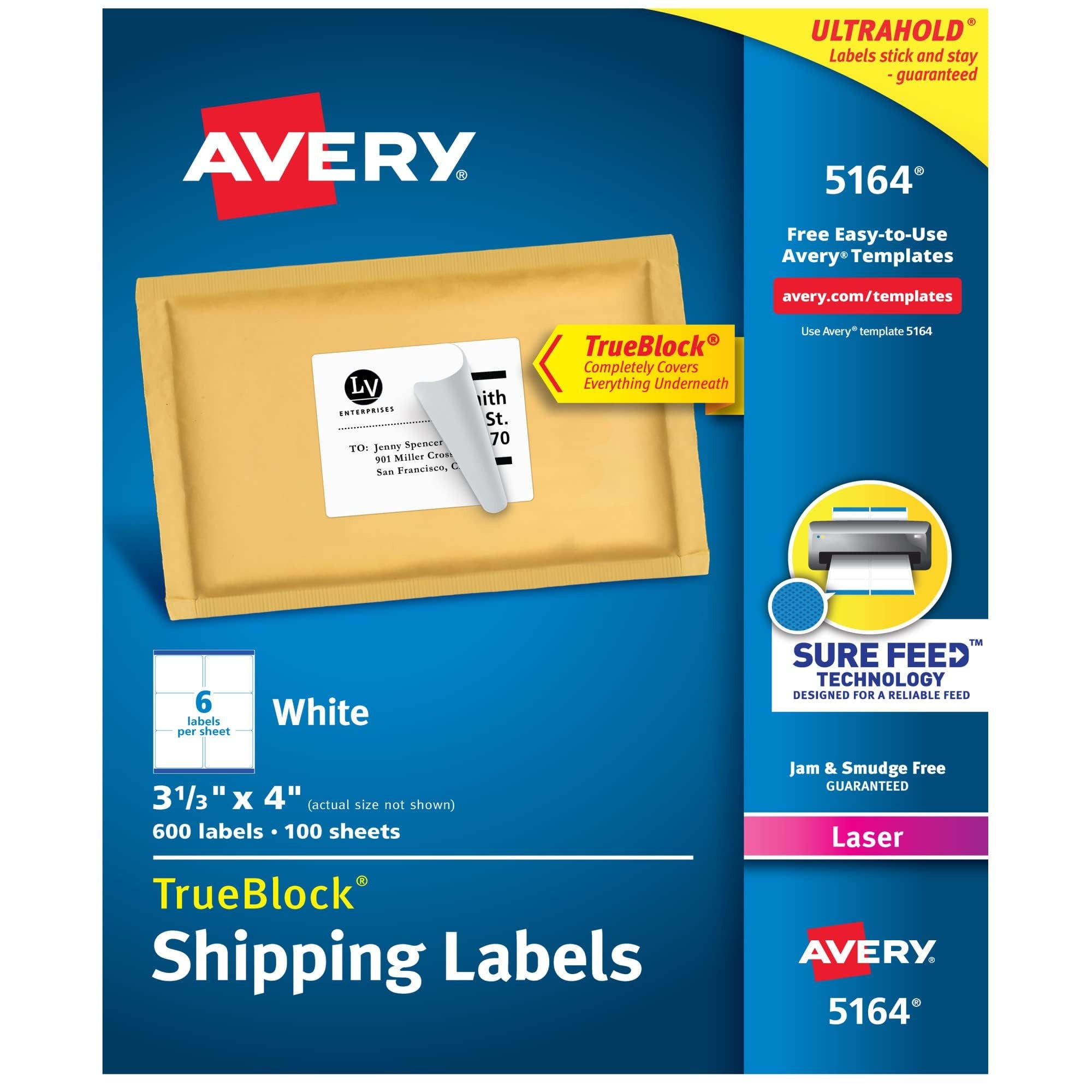 Avery Printable Shipping Labels with Sure Feed, 3-1/3" x 4", White, 600 Blank Mailing Labels (5164)