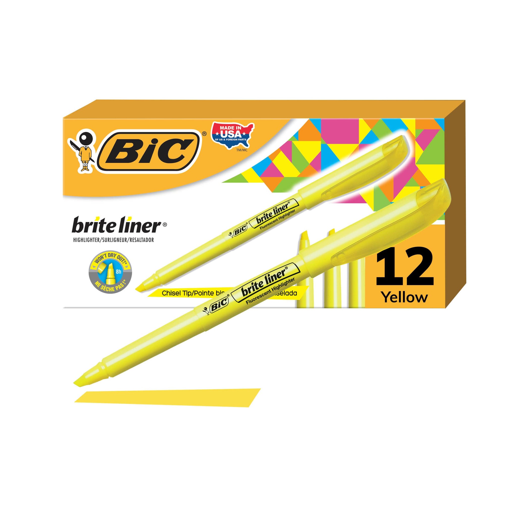 BIC Brite Liner Highlighter, Chisel Tip, Fluorescent Yellow, 12pk.