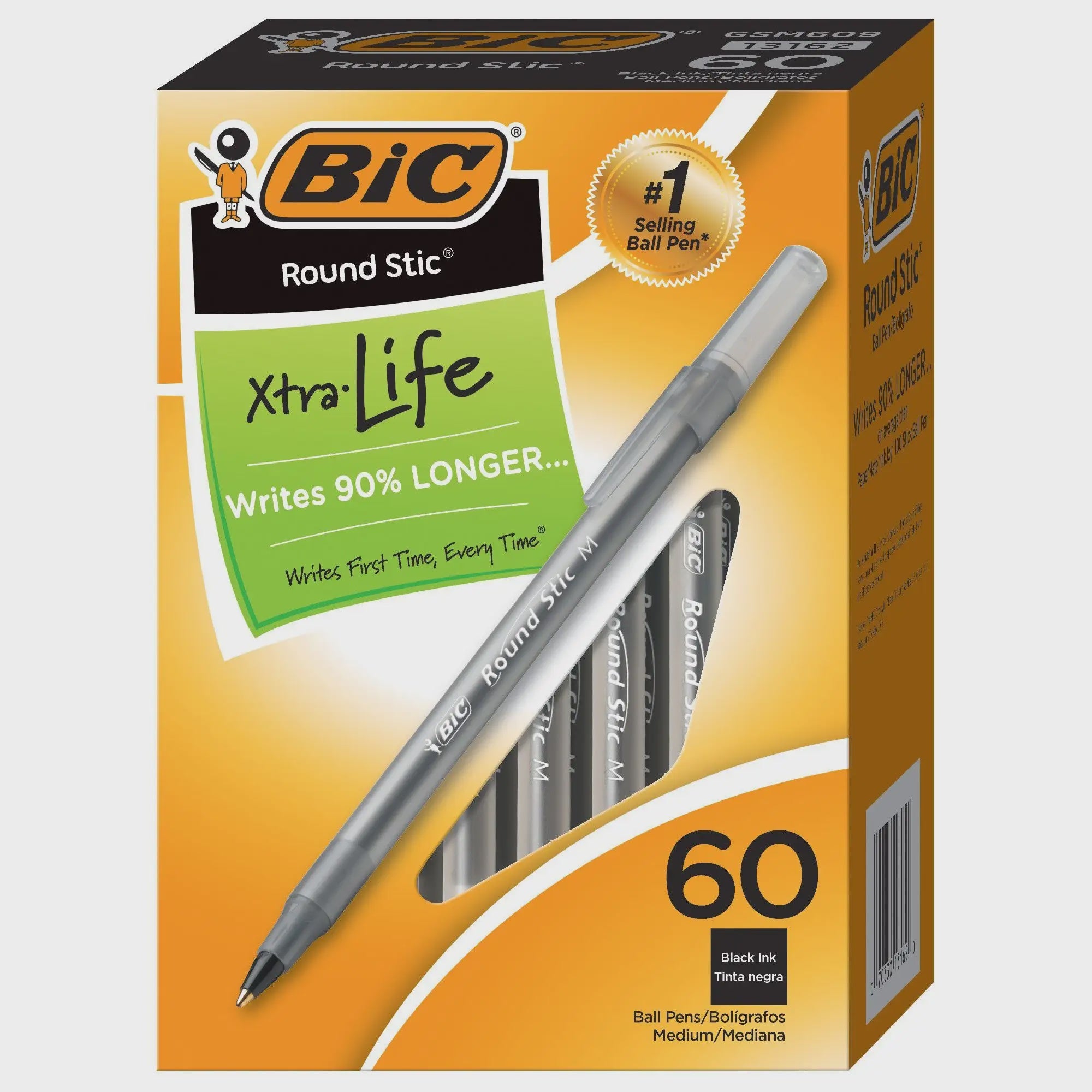 BIC Round Stic Xtra Life, Medium Point, Black Ink, 60 ct