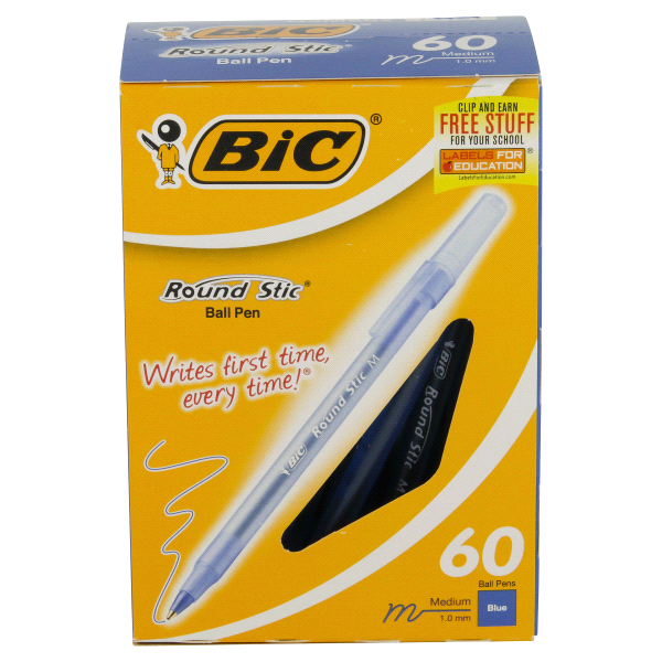 BIC Round Stic Xtra Life, Medium Point, Blue Ink, 60 ct