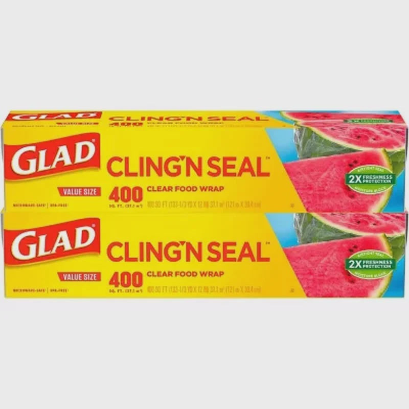 Glad Cling ‘N Seal Clear Plastic Food Wrap, 400 sq. ft./roll, 2 rolls