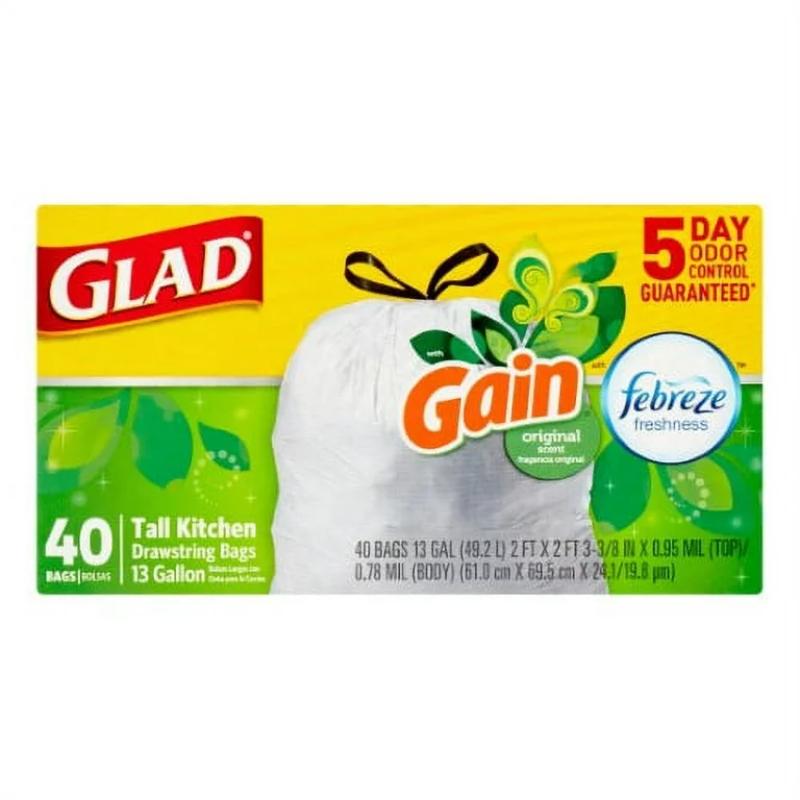 Glad ForceFlex With Gain Original Scent Tall Kitchen Drawstring Bags, 40ct