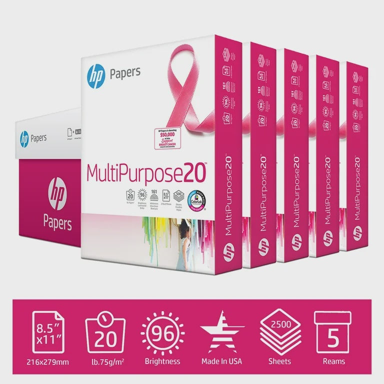 HP Multipurpose Copy Paper, 8.5x11” 20 lb 96 Bright, 5 Reams (BPO)