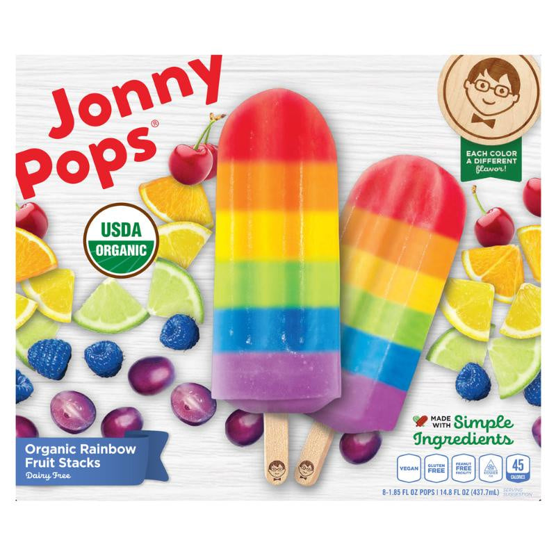 JonnyPops Pops, Dairy Free, Organic, Rainbow Fruit Stacks, 8 ct