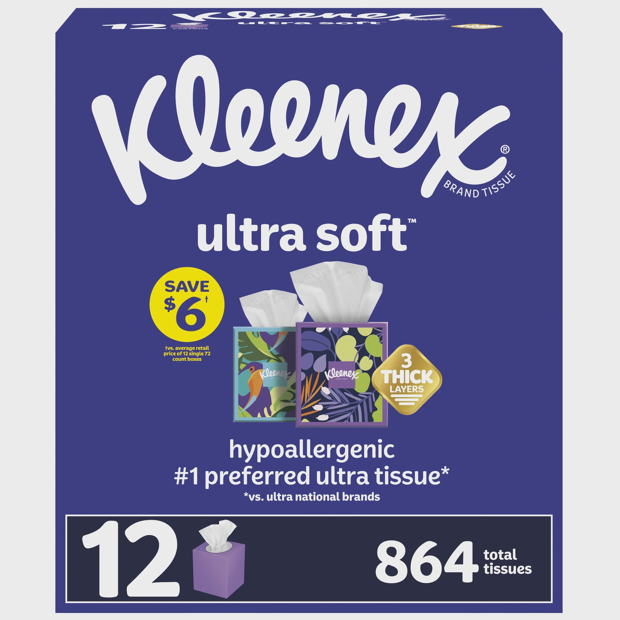 Kleenex Ultra Soft 3-Ply Facial Tissues, Cube Boxes (72 tissues/box, 12 boxes)