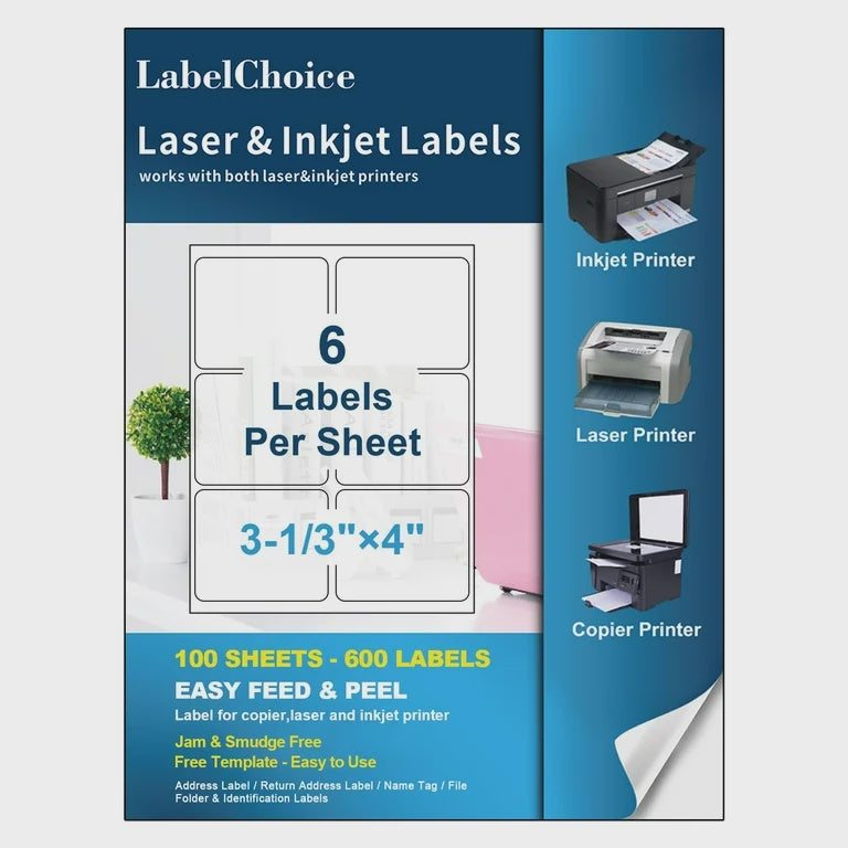 Labelchoice Shipping Labels, 3-1/3" x 4", 6 Up, 600 Labels