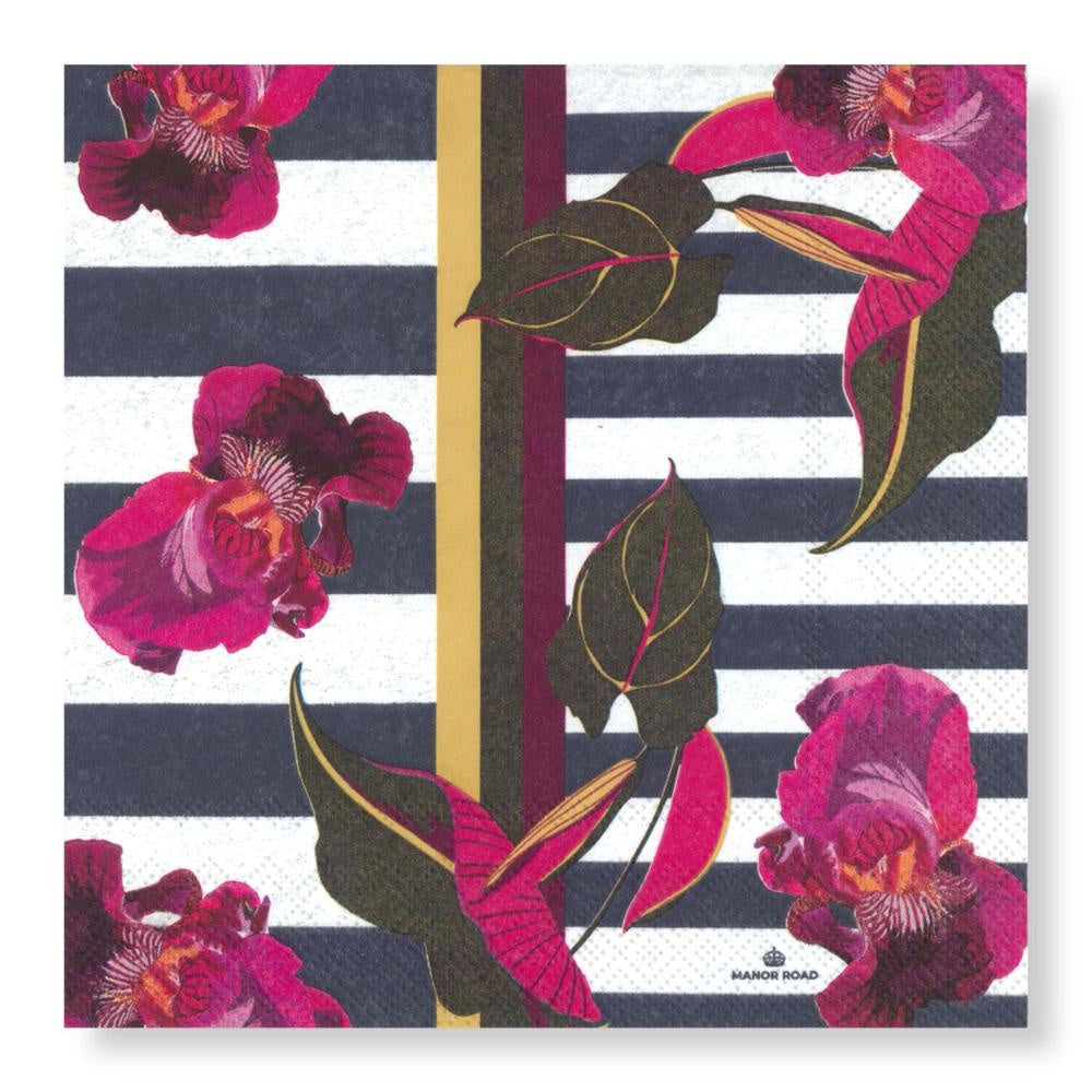 Manor Road Orchids on Strips Luncheon Napkins 20pk