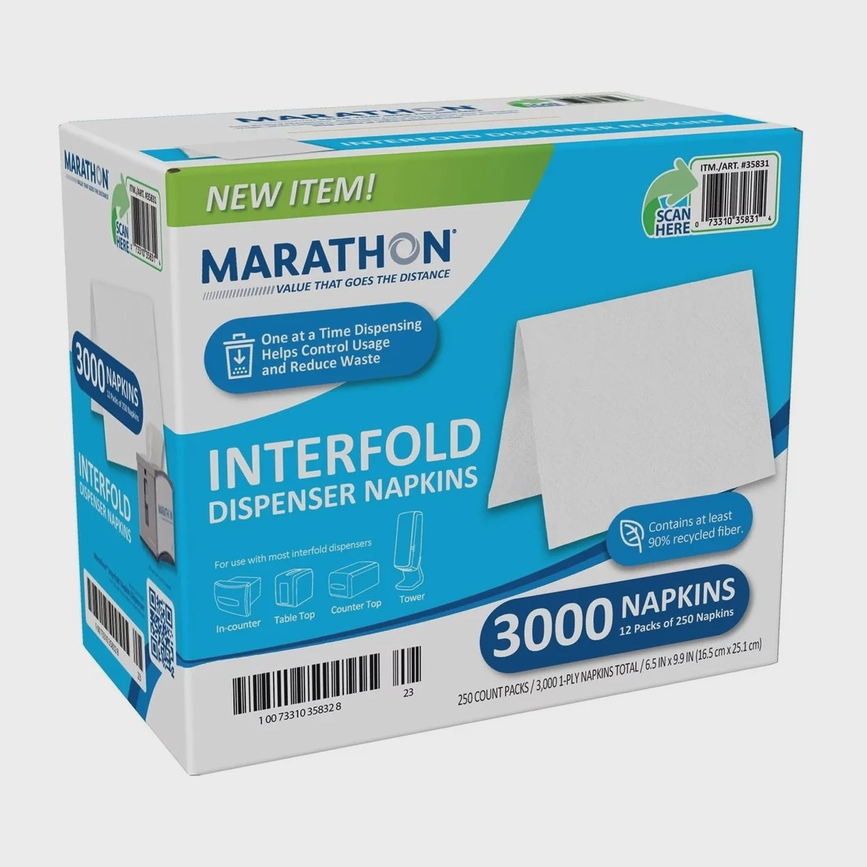 Marathon Interfold 1-Ply Napkins, White, 3000 Per Case , 250 napkins/pk., 12 pk.