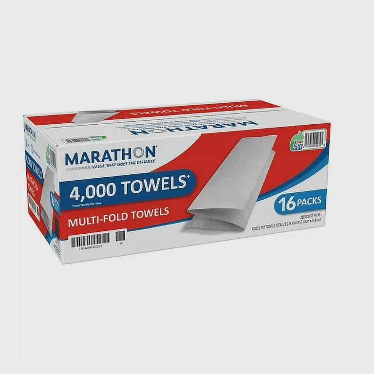 Marathon Multifold 1-Ply Paper Towels, 9.2" x 9.4", White (250 towels/pk., 16 pks./case), 4,000 sheets/case