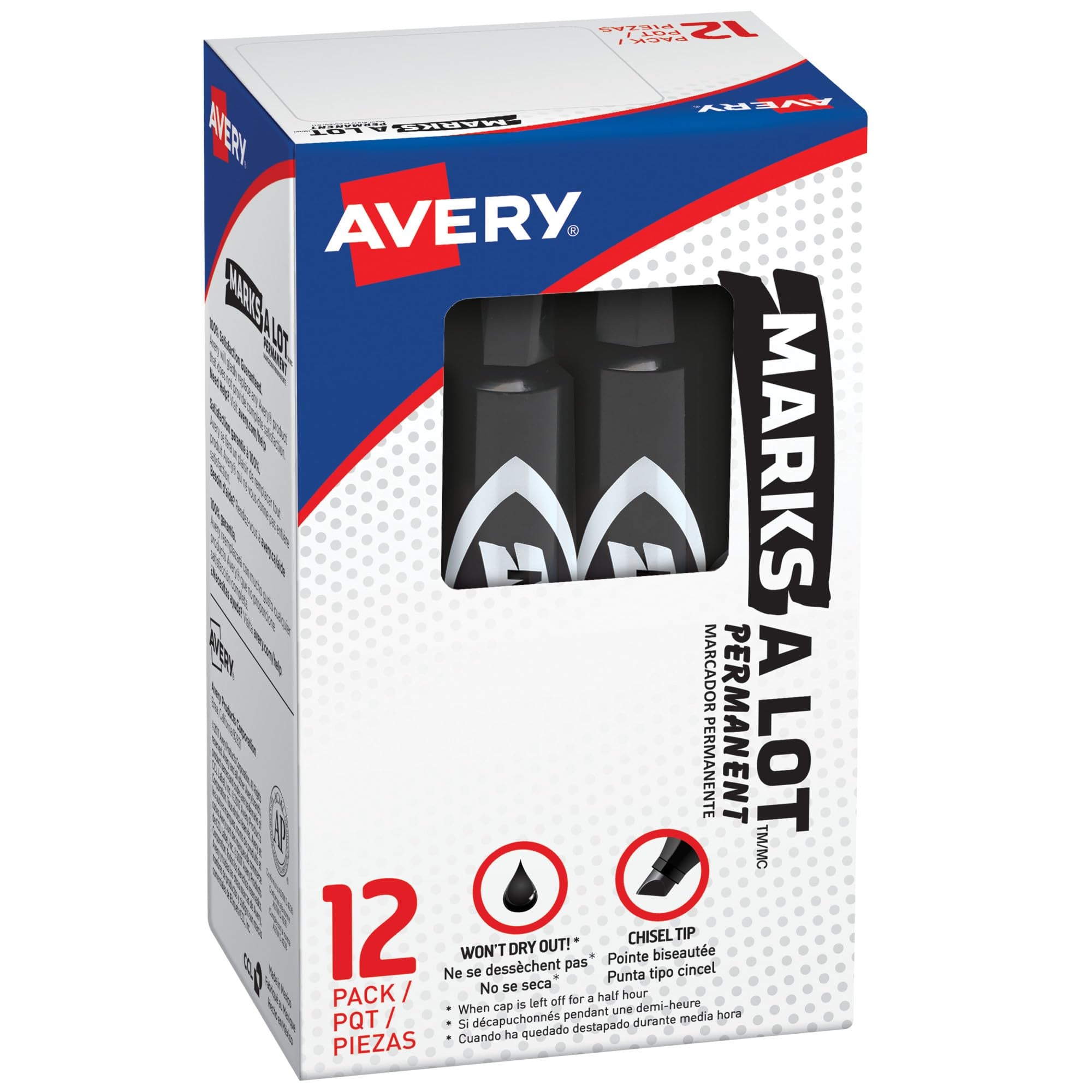 Marks-a-lot Avery Permanent Marker, Regular Chisel Tip, Black, 12 markers