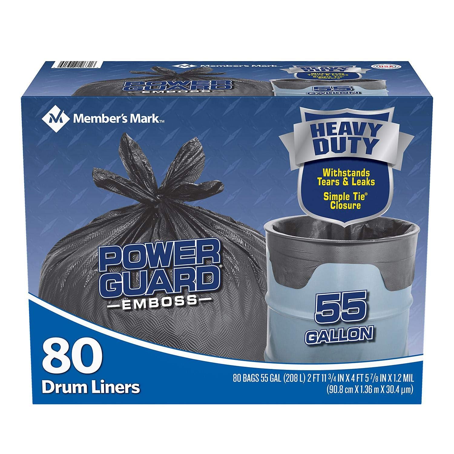 Member's Mark Power Guard Simple Tie Trash Bags 55 gal, 80 ct