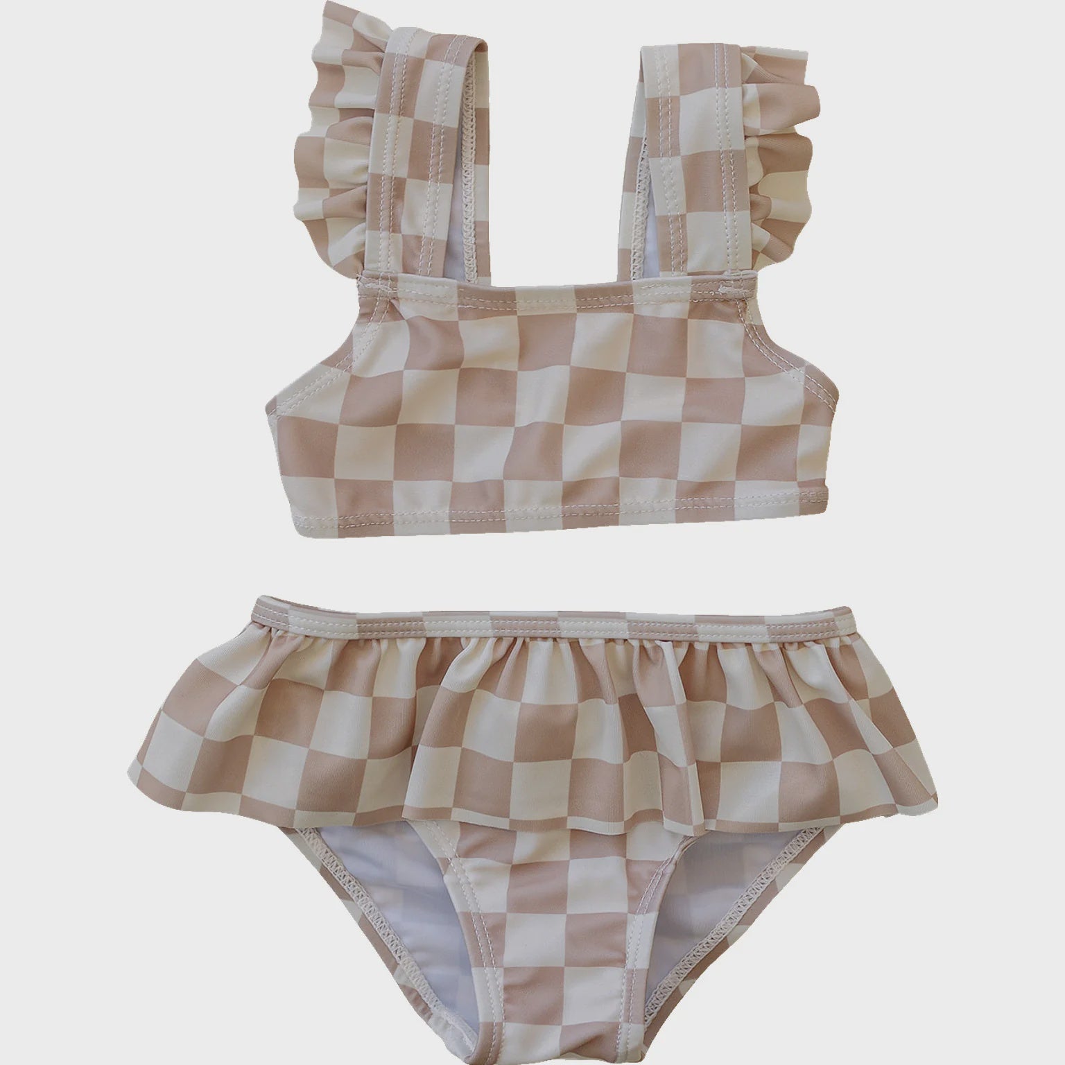 Mebie Baby Taupe Checkered Ruffle Bikini Set