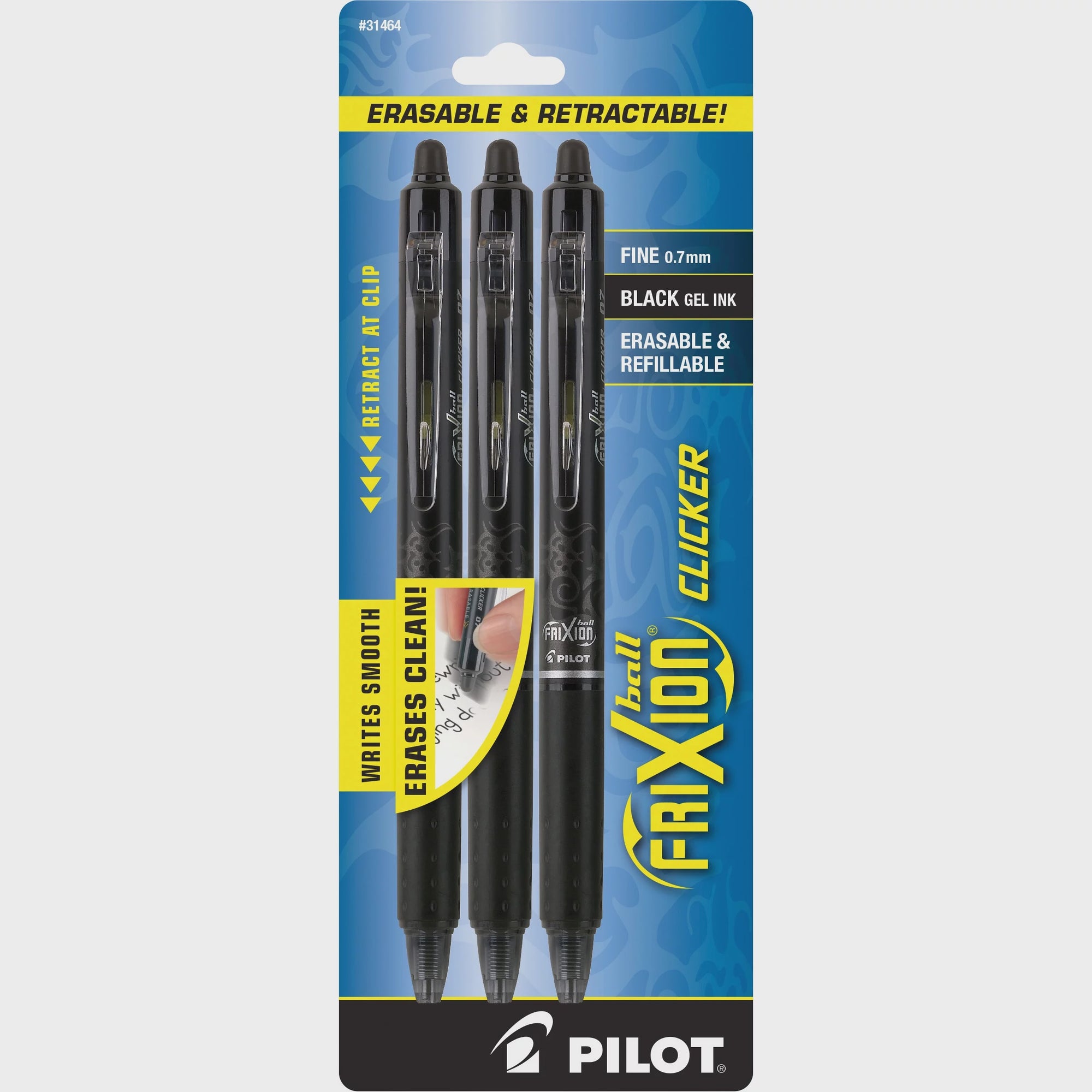 PILOT FriXion Clicker Erasable, Refillable & Retractable Gel Ink Pens, Fine Point, Black Ink, 3 pk