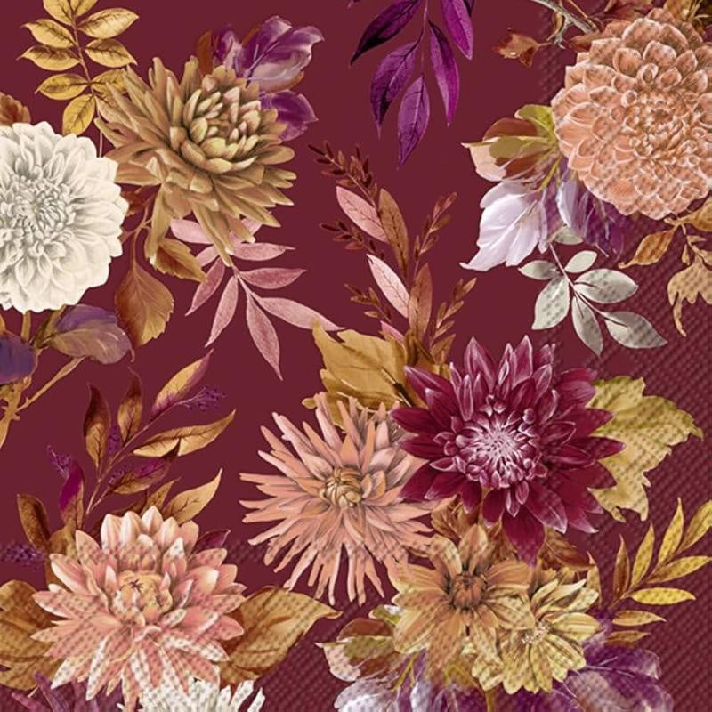 Paper Cocktail Napkin, Floralscape Motif Fall Autumn, 20ct