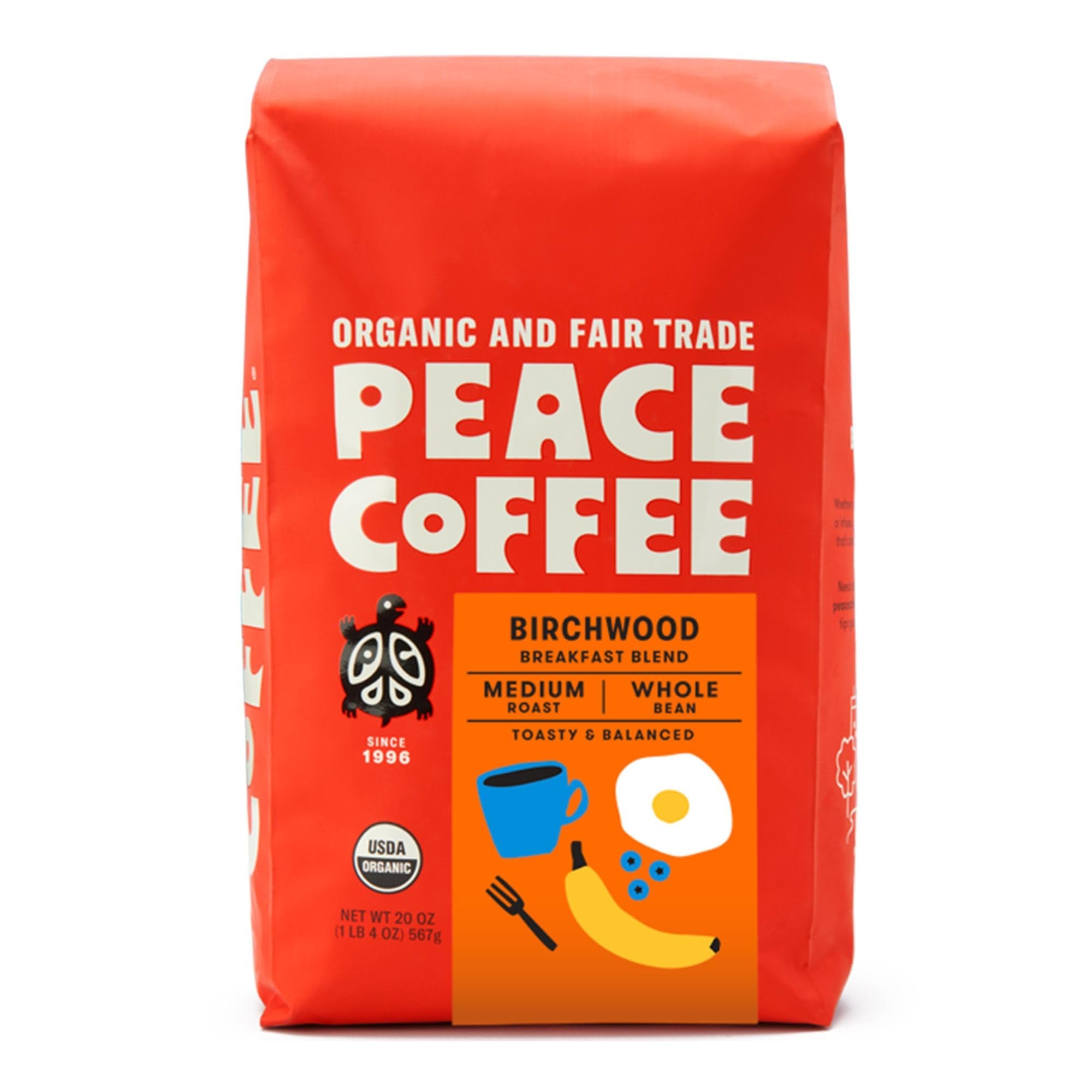 Peace Coffee Birchwood Breakfast Blend, Medium Roast (Sumatra & Peru Origins) Organic Fair Trade Coffee, Whole Bean, 20 oz