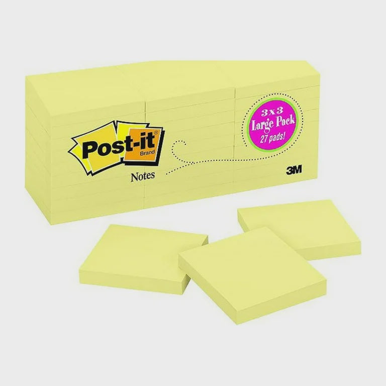 Post-It Sticky Notes 3x3", Canary Yellow, 27 pads/case