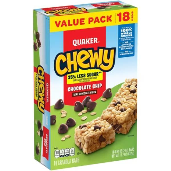 Quaker Chewy Reduced Sugar Chocolate Chip Granola Bars 15.2oz/18ct