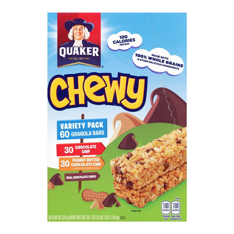 Quaker Chewy Variety Pack, Chocolate Chip and Peanut Butter Chocolate Chip 60 ct.