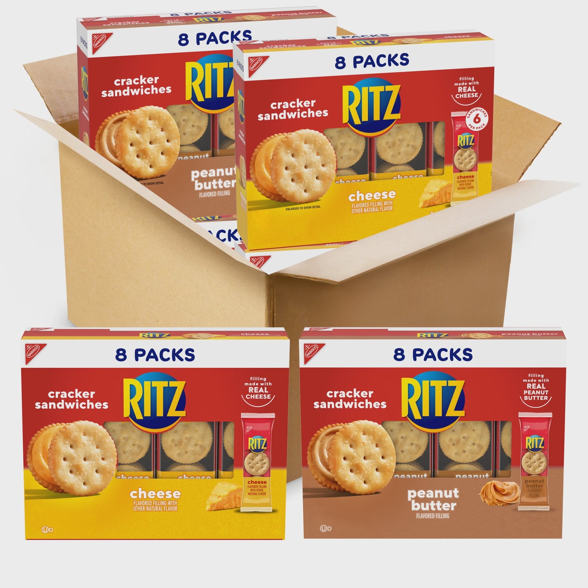 RITZ Peanut Butter Sandwich Cracker Snacks and Cheese Sandwich Crackers, 32/case