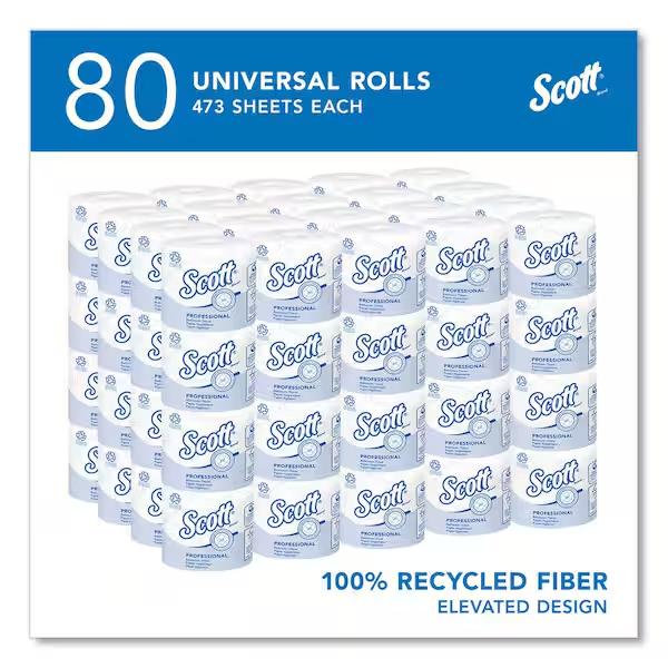 Scott Essential Professional 100% Recycled Fiber Bulk Toilet Paper, 2-PLY Standard Rolls, White, 80 Rolls (BPO)