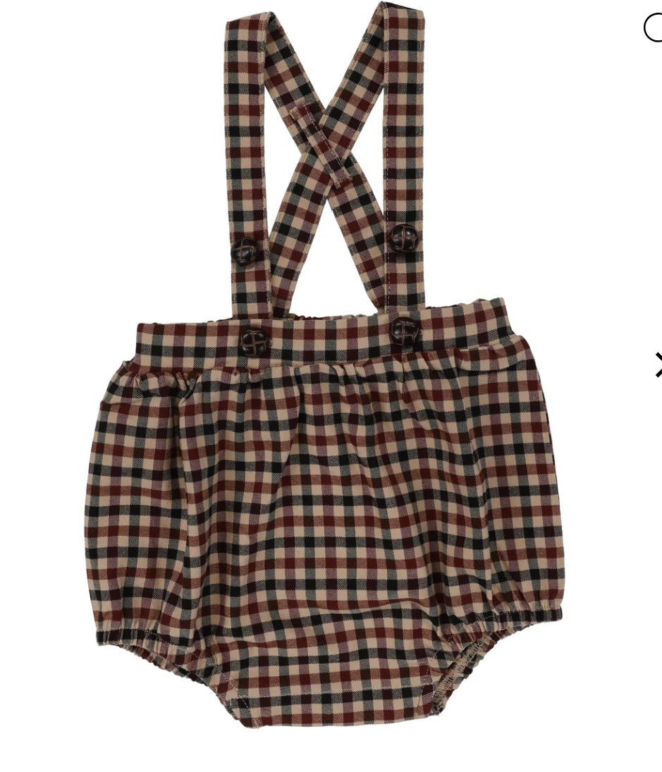 Suspender Bubble Bloomers, Tan Plaid 24m