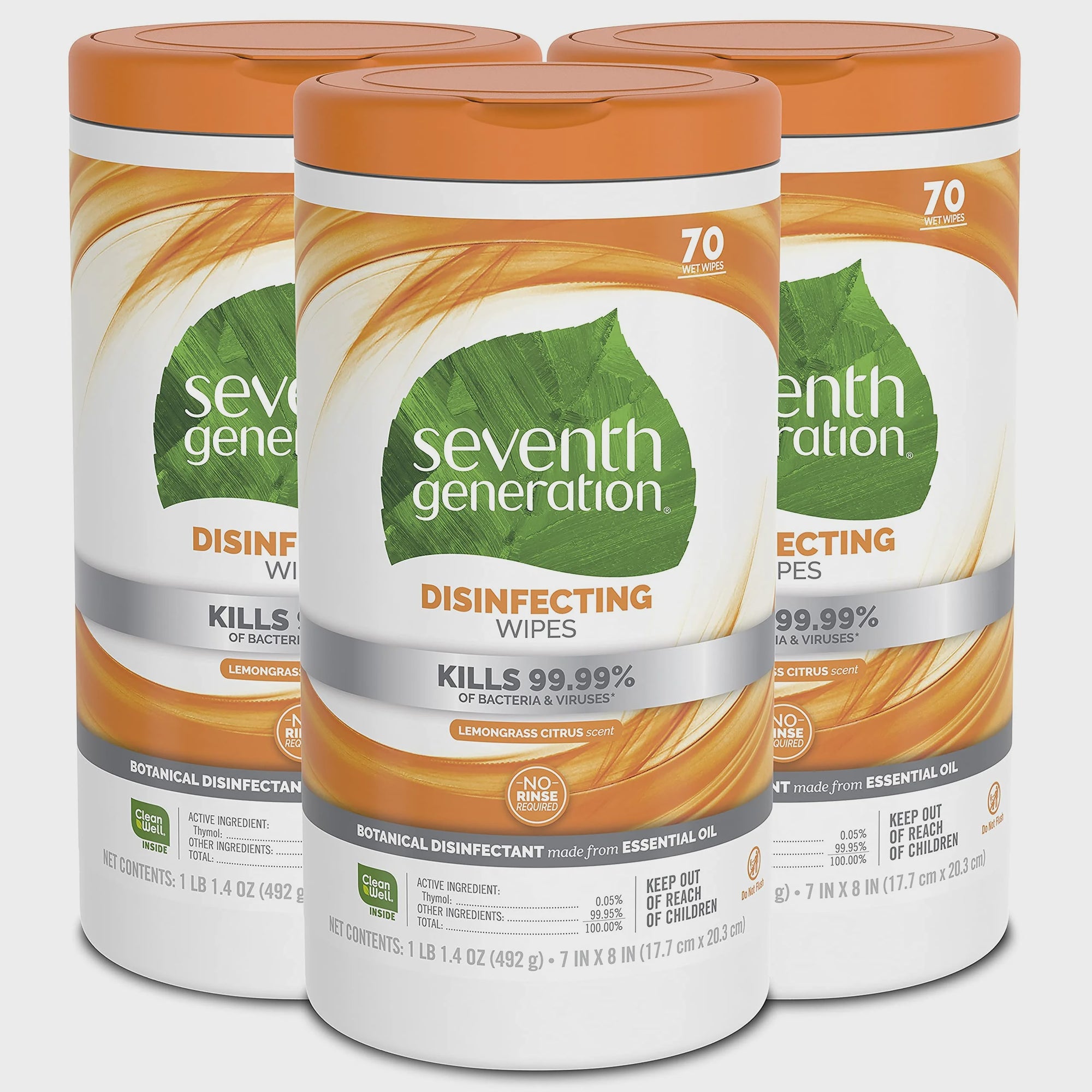 Seventh Generation Disinfecting Multi-Surface Wipes, Lemongrass Citrus, 70 Count, Pack of 3