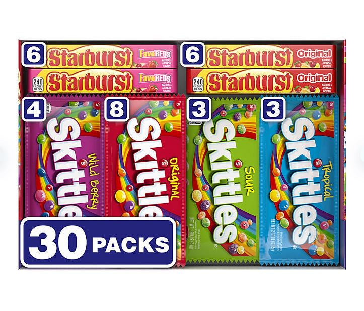 Starburst & Skittles Chewy Candy, Variety Box, Full Size, 30 pk. (BPO)