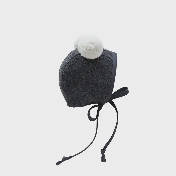 Charcoal Double Pom Bonnet Cotton-Lined, 6-12m