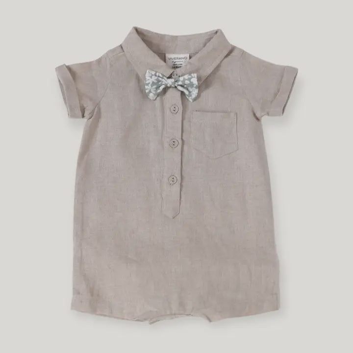 Noah Bowtie Linen Baby Romper (Natural Linen) Natural Linen