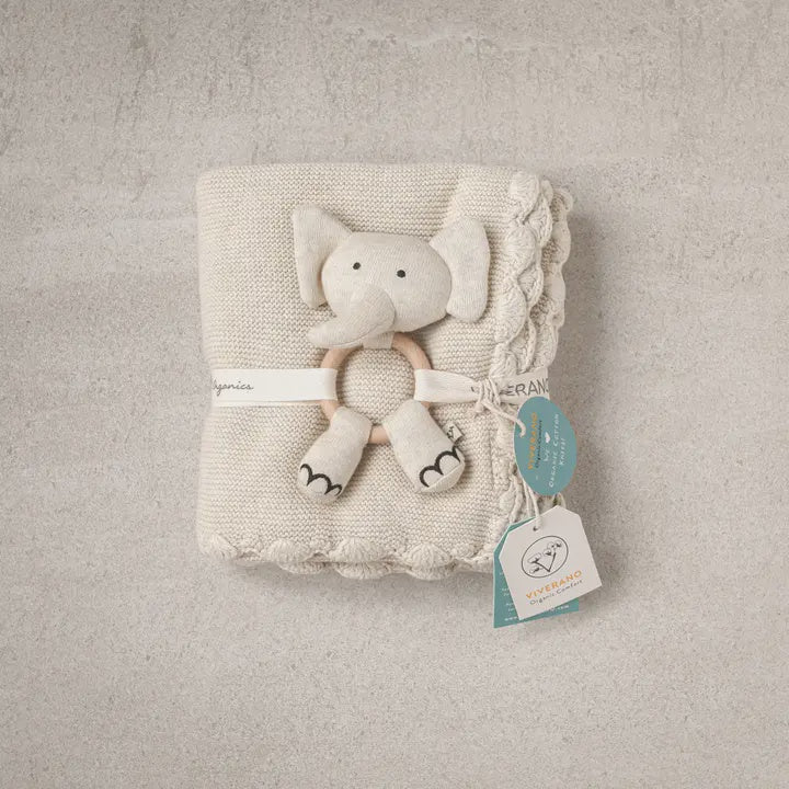 Scallop Edge Classic Knit Baby Blanket + Elephant Rattle Set