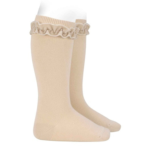 Condor Knee Sock W/ Velvet Ruffle, Linen Color