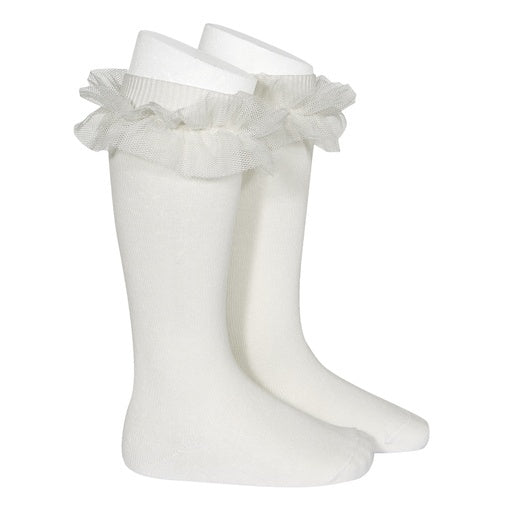 Condor Tulle Frill Knee Sock, Ivory