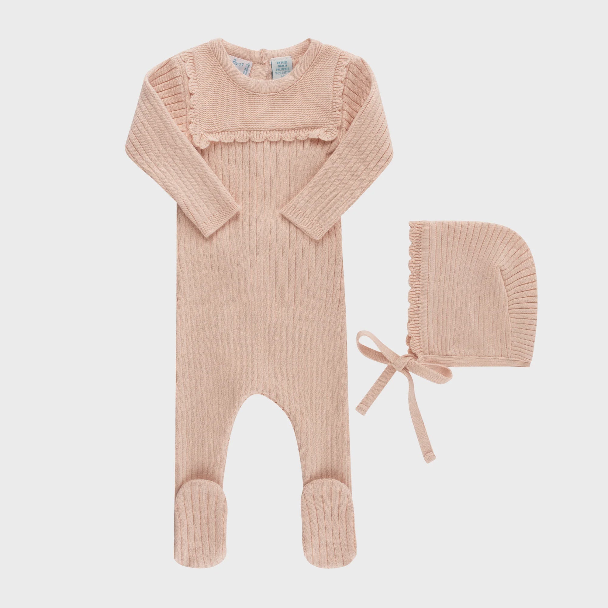 Feltman Scallop Trimmed Rib Knit Romper & Bonnet