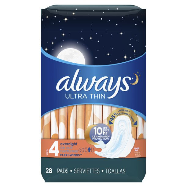 Always Ultra Thin Overnight Pads Size 4 w/ Wings 26ct